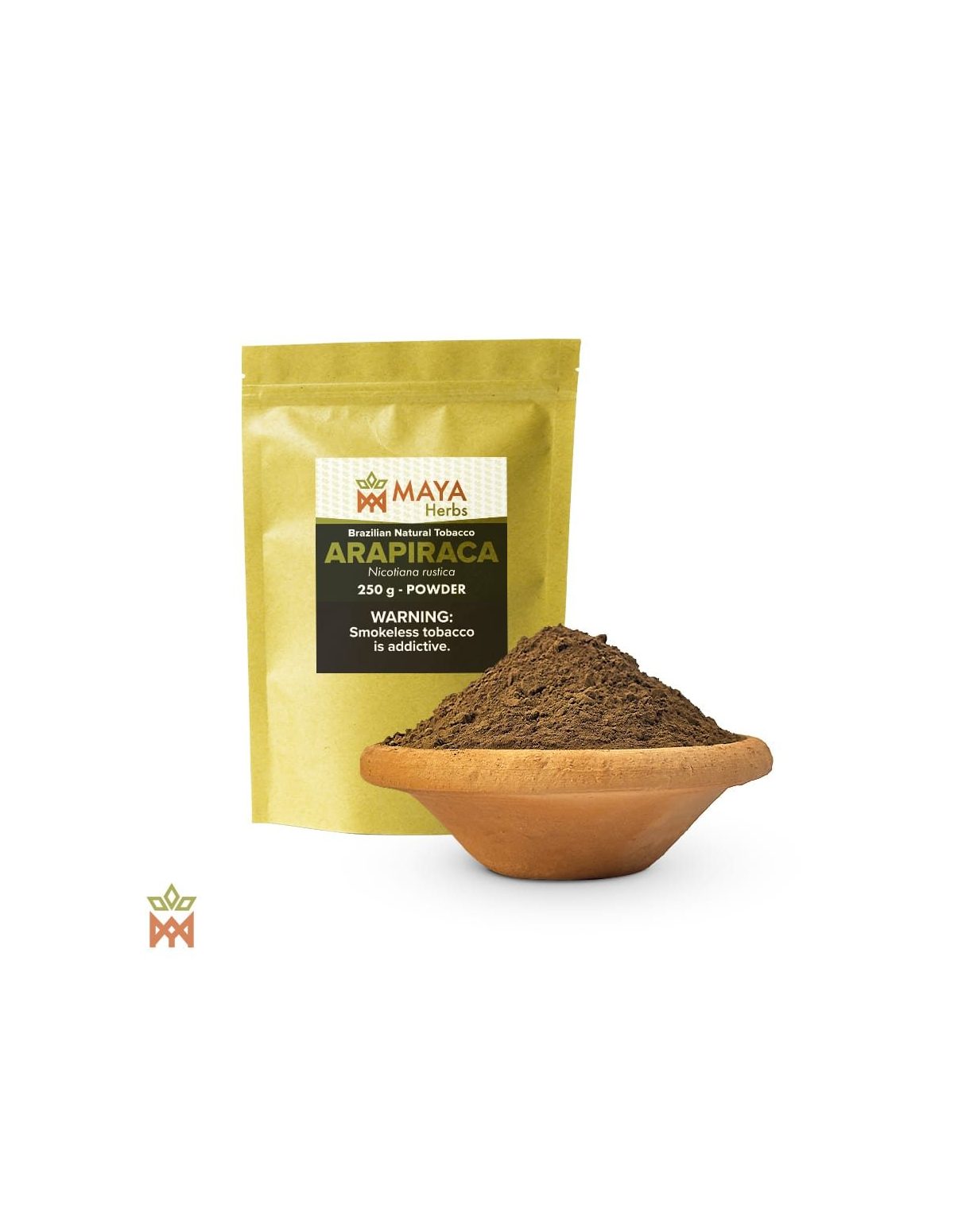 Arapiraca-Mapacho aus Brasilien – Blattpulver, Nicotiana rustica – etikettierter Kraftpapierbeutel und Schale mit Pulver