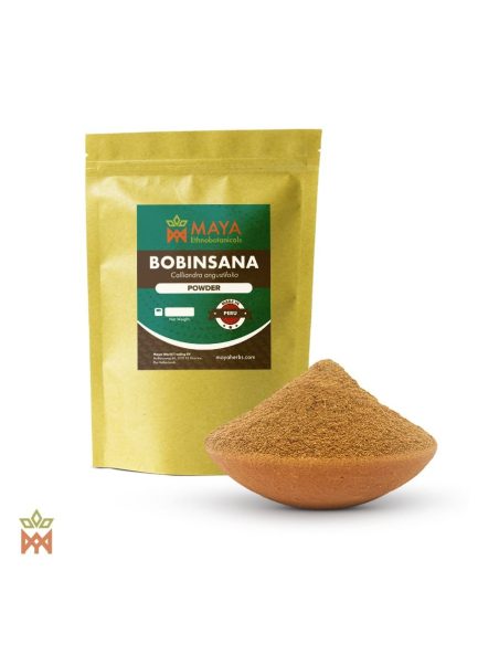 Bobinsana aus Peru – Gemahlene Rinde, Calliandra angustifolia – etikettierter Beutel und Schale mit Pulver