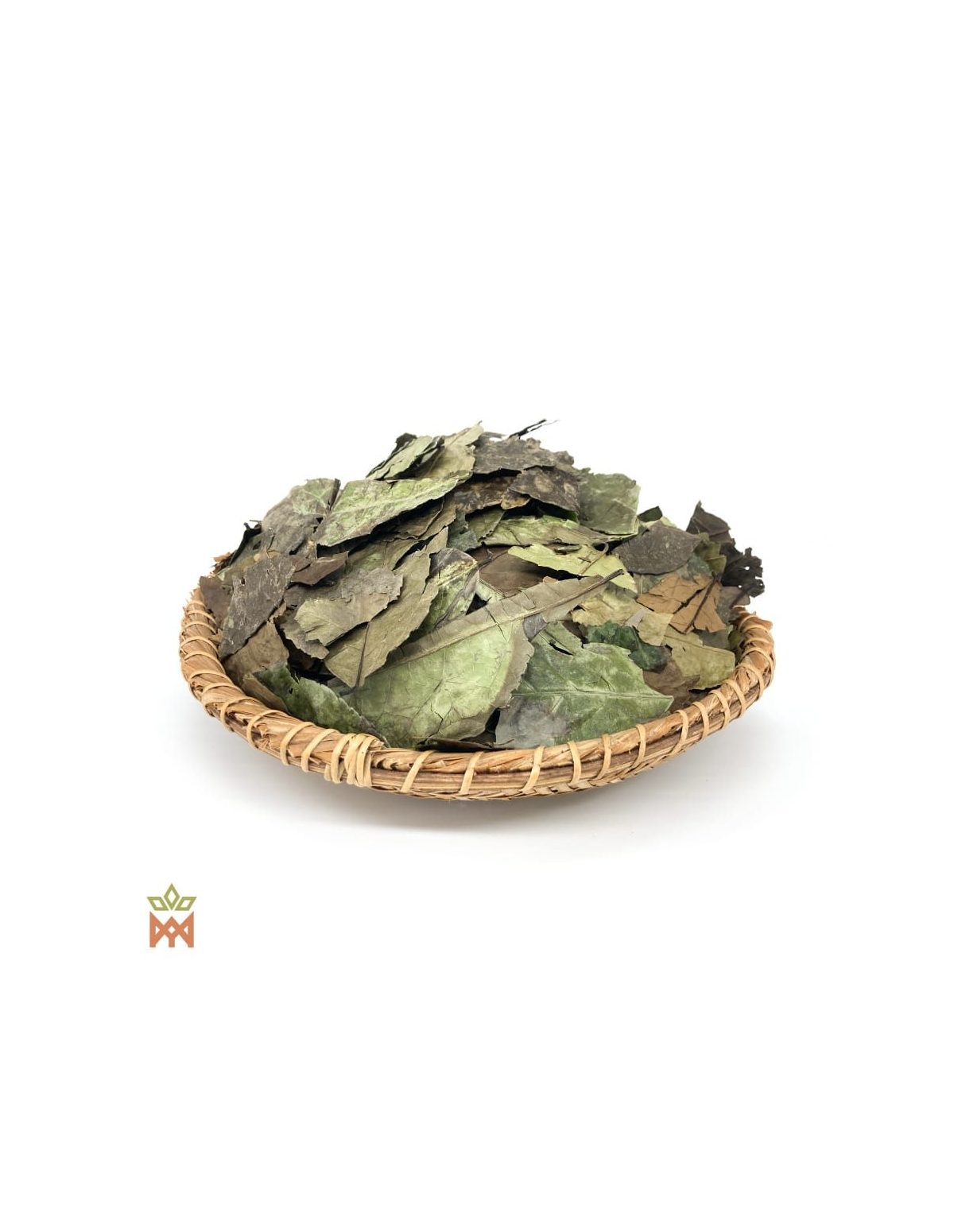 Guayusa aus Ecuador (Ilex guayusa) – ganze Blätter auf einem Flechttablett, von oben