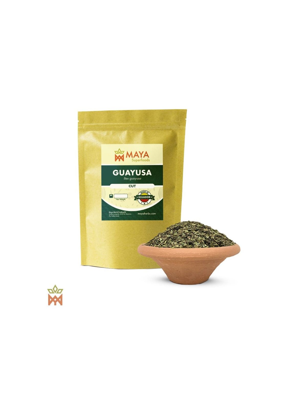 Guayusa aus Ecuador (Ilex guayusa) – Beutel von Maya Herbs mit Aufdruck Cut und Blätter in einer Tonschale