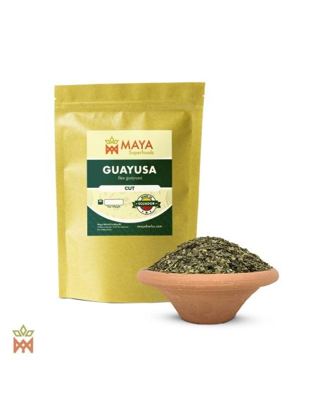 Guayusa aus Ecuador (Ilex guayusa) – Beutel von Maya Herbs mit Aufdruck Cut und Blätter in einer Tonschale