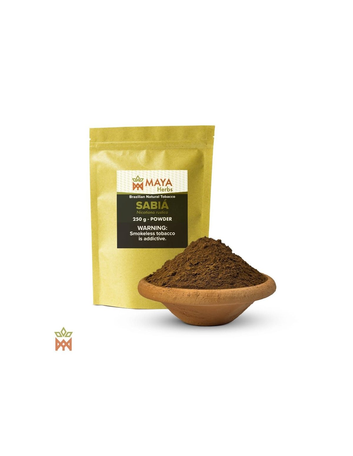 Brasilianischer Sabiá-Mapacho – Feines Blattpulver, Nicotiana rustica – etikettierter Kraftpapierbeutel und Schale mit Pulver