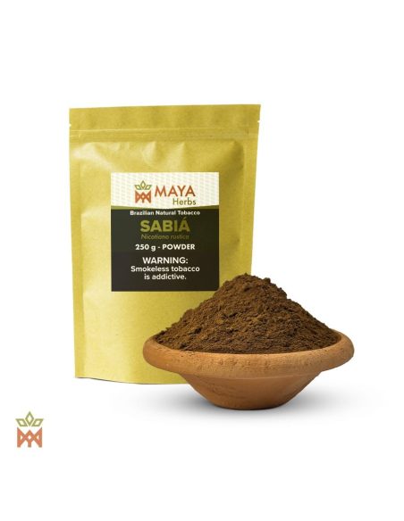 Brasilianischer Sabiá-Mapacho – Feines Blattpulver, Nicotiana rustica – etikettierter Kraftpapierbeutel und Schale mit Pulver