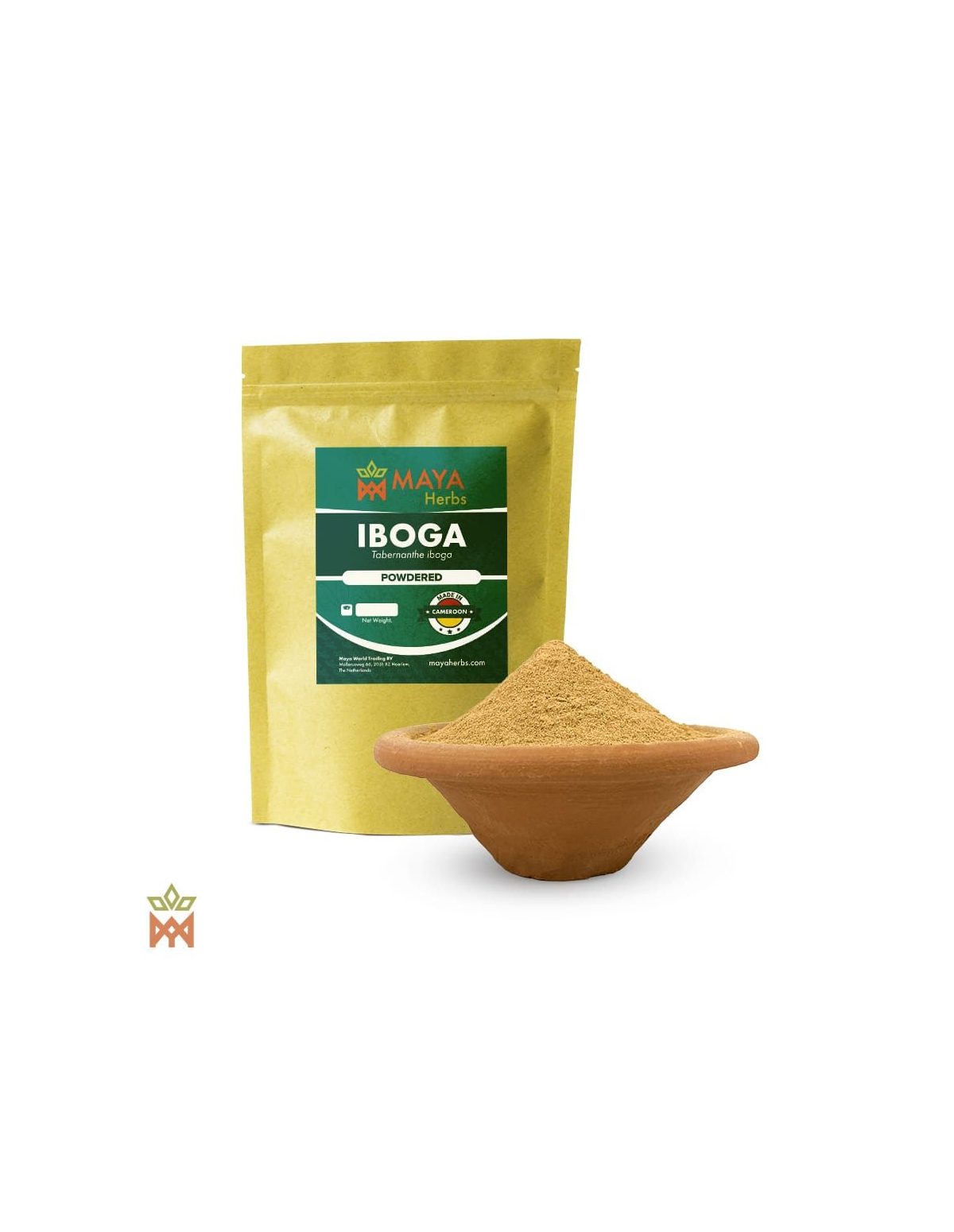 Iboga-Wurzelpulver (Tabernanthe iboga) – Beutel von Maya Herbs und Schale mit feinem Pulver