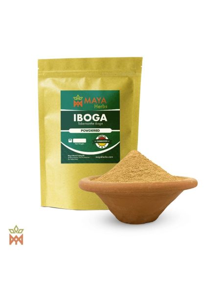 Iboga-Wurzelpulver (Tabernanthe iboga) – Beutel von Maya Herbs und Schale mit feinem Pulver