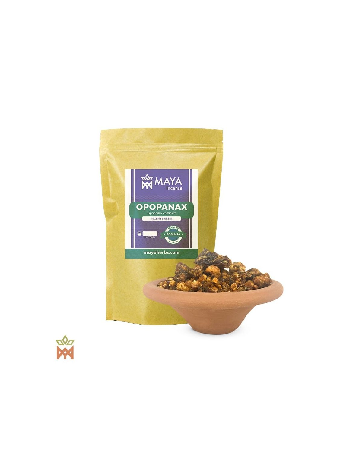 Opopanax aus Somalia – Räucherharz, Opopanax chironium – etikettierter Beutel und Tonschale mit Harzstücken