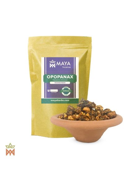 Opopanax aus Somalia – Räucherharz, Opopanax chironium – etikettierter Beutel und Tonschale mit Harzstücken
