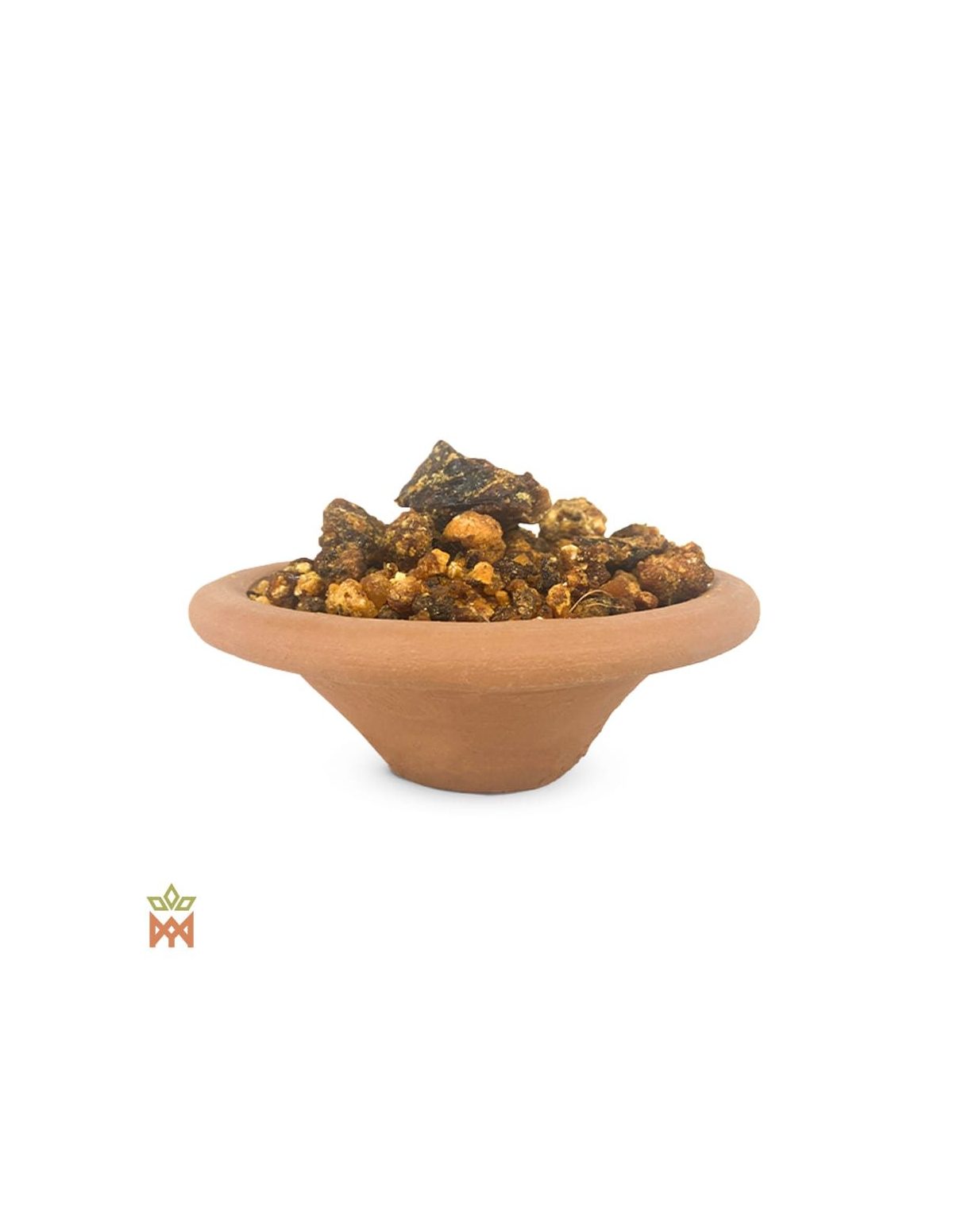 Opopanax aus Somalia – Räucherharz, Opopanax chironium – dunkelbraune und bernsteinfarbene Harzstücke in einer Tonschale, Detail
