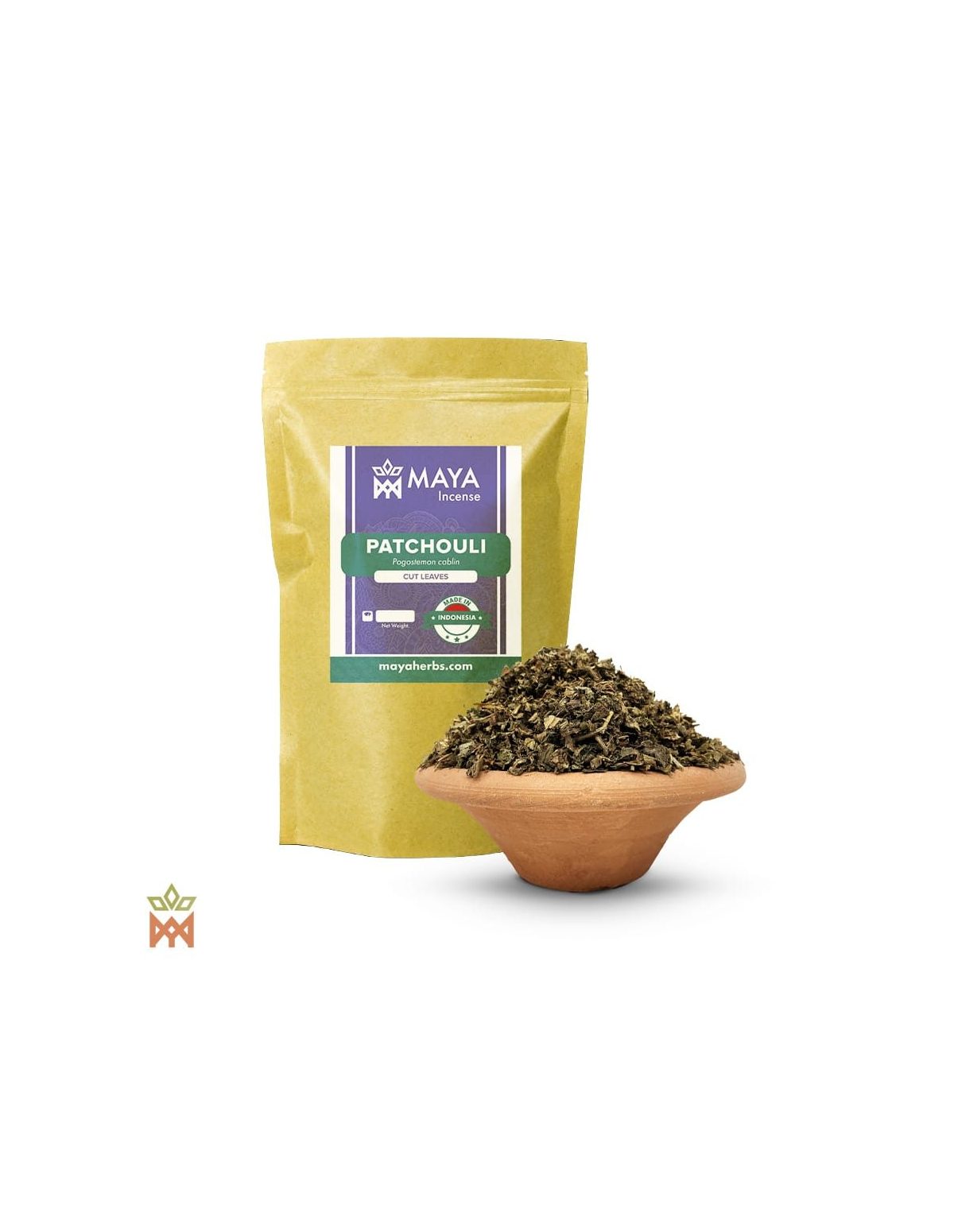 Patchouliblätter (Pogostemon cablin) – Beutel von Maya Incense und Schale mit geschnittenen Blättern