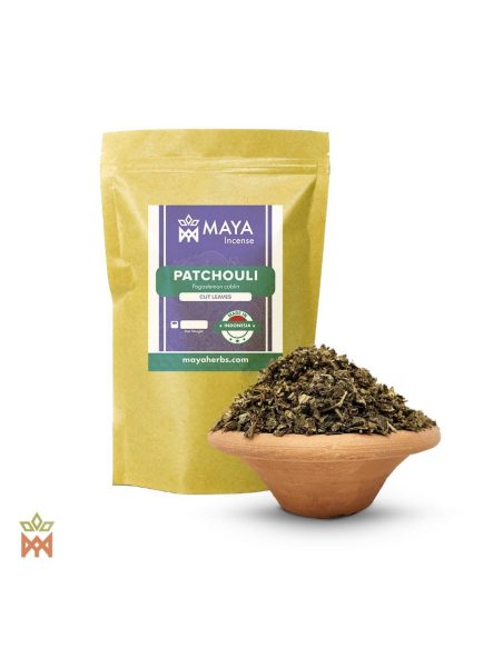 Patchouliblätter (Pogostemon cablin) – Beutel von Maya Incense und Schale mit geschnittenen Blättern