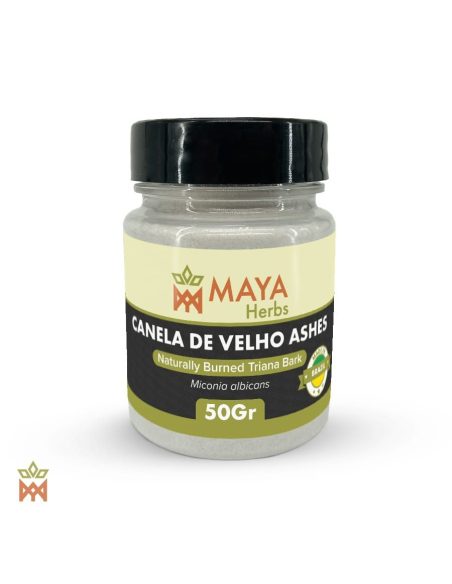 Canela-de-Velho-Rindenasche aus Brasilien – Pulver, Miconia albicans – etikettierte Dose, Vorderansicht