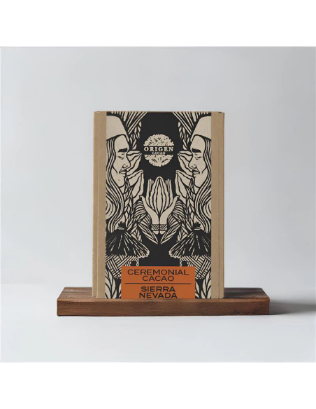 Zeremonieller Kakao der Arhuaca aus Kolumbien – Schachtel, Vorderseite mit Origen-Cacao-Logo