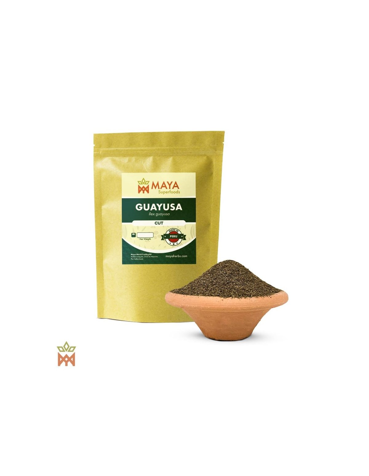 Guayusa aus Peru (Ilex guayusa) – Beutel von Maya Herbs mit Aufdruck Cut neben einer Tonschale