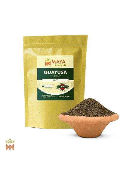 Guayusa aus Peru (Ilex guayusa) – Beutel von Maya Herbs mit Aufdruck Cut neben einer Tonschale