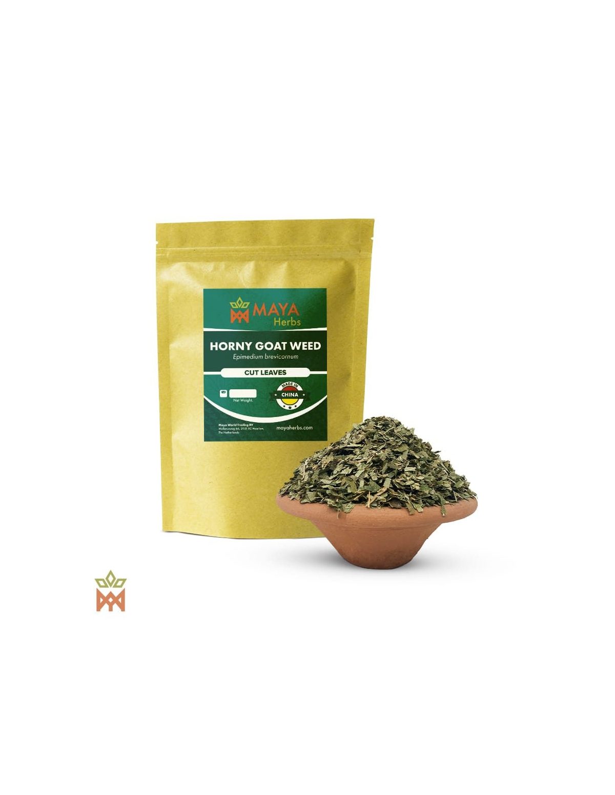 Geschnittene Blätter von Epimedium brevicornu – Beutel von Maya Herbs und Schale mit grünen Blattstücken