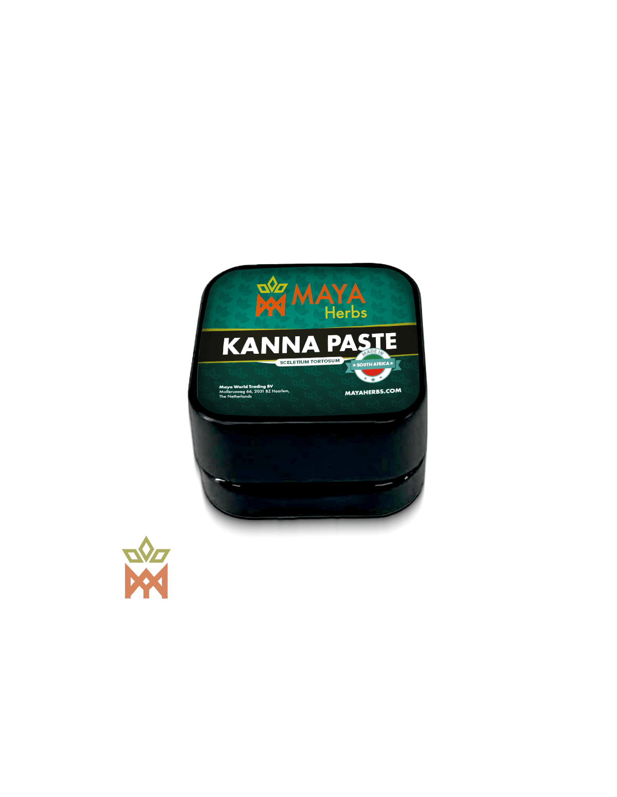 Fermentierte Kanna-Paste 0,5 g, Sceletium tortuosum – schwarzes Döschen mit petrolfarbenem Maya-Herbs-Etikett
