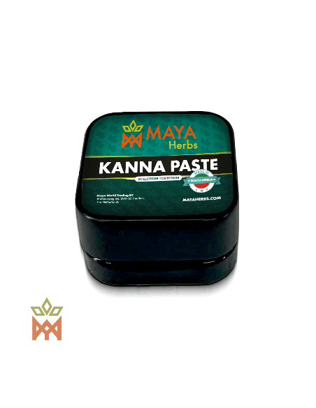 Fermentierte Kanna-Paste 0,5 g, Sceletium tortuosum – schwarzes Döschen mit petrolfarbenem Maya-Herbs-Etikett