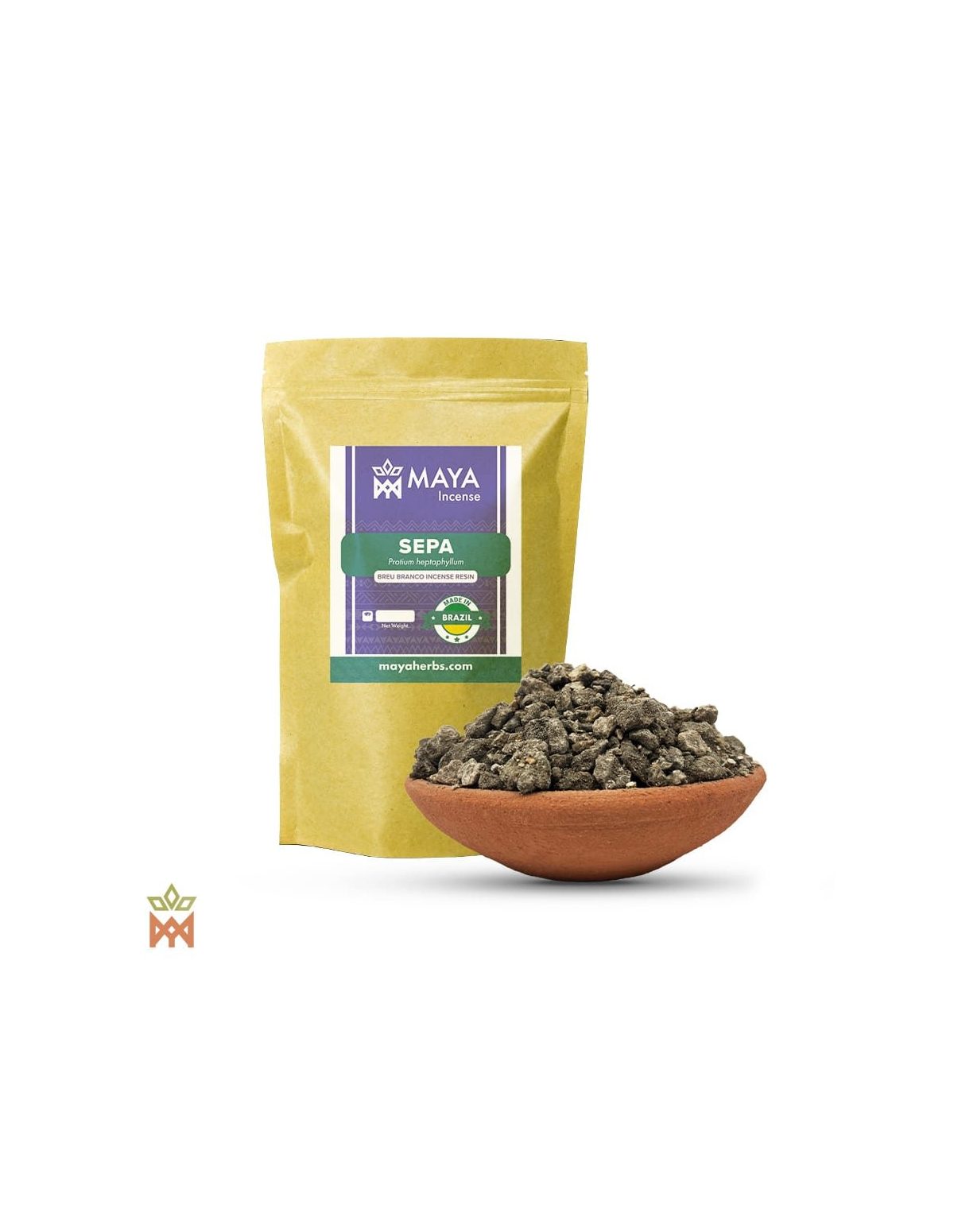 Breu Branco aus Brasilien – Räucherharz, Protium heptaphyllum – Beutel mit Etikett Sepa und Tonschale mit Harzkörnern