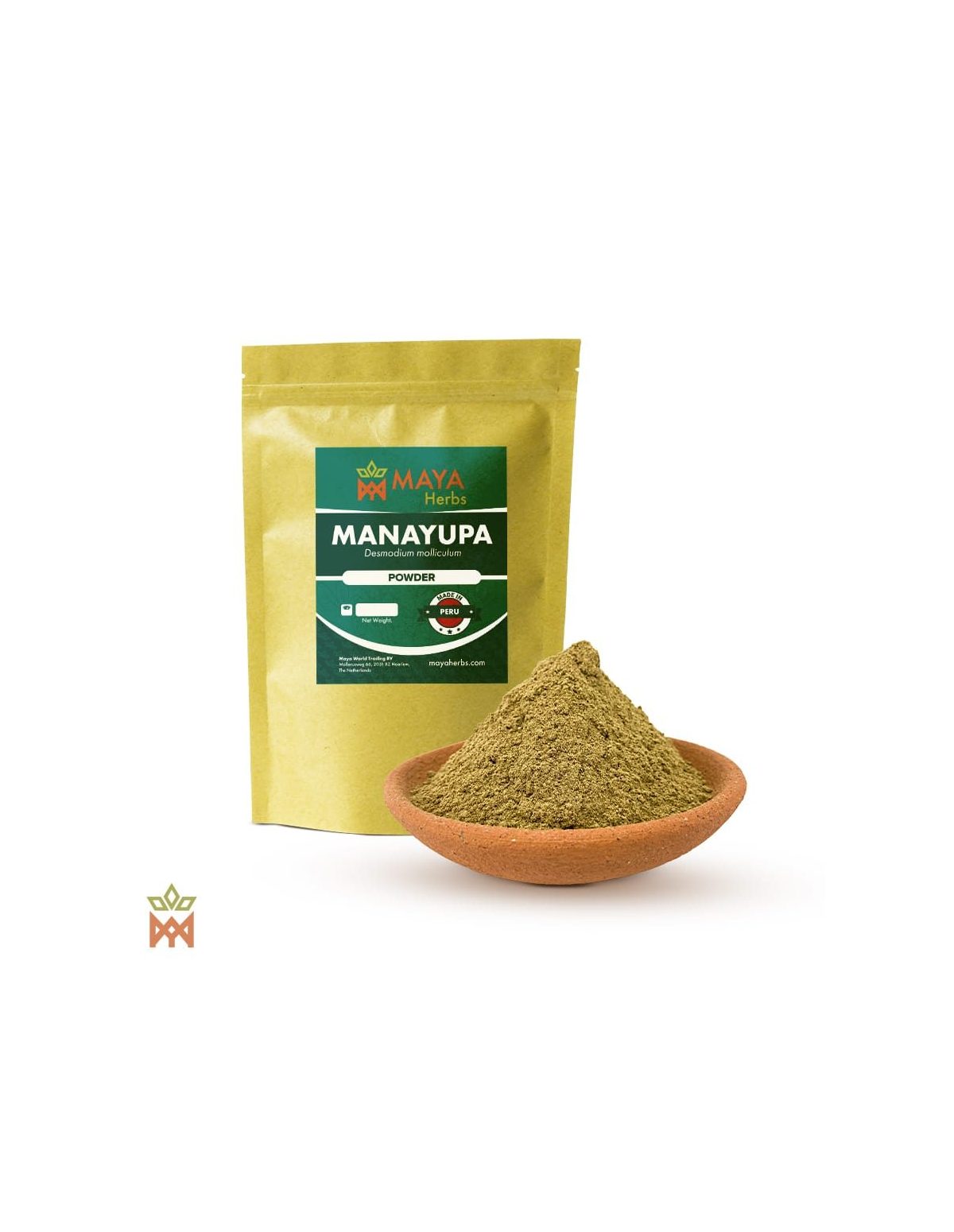 Manayupa-Krautpulver (Desmodium molliculum) – Beutel von Maya Herbs und Schale mit olivgrünem Pulver
