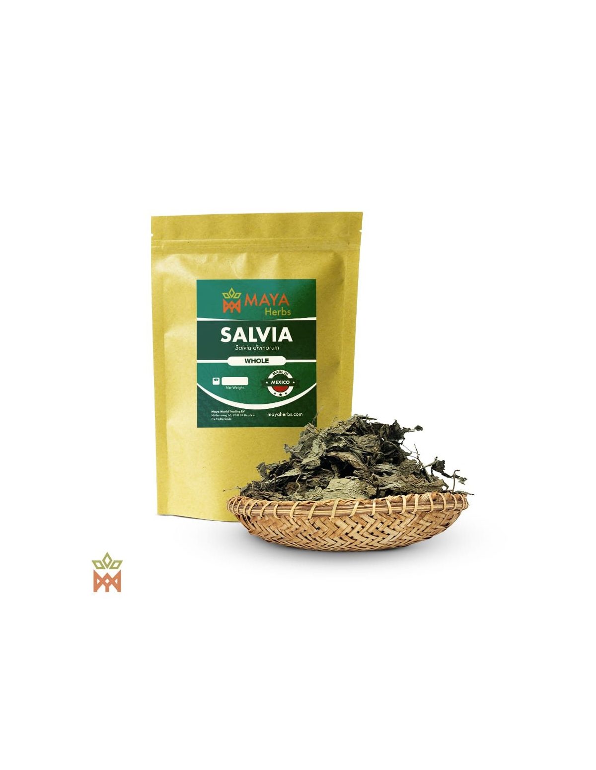 Salbei aus Oaxaca (Salvia divinorum) – Maya-Herbs-Beutel und dunkelgrüne ganze Blätter im Flechtkorb