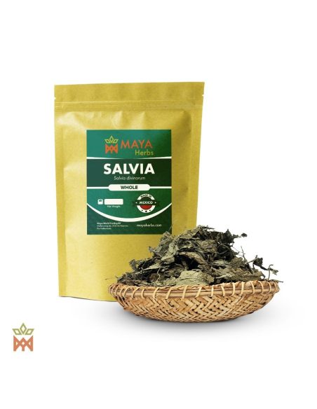 Salbei aus Oaxaca (Salvia divinorum) – Maya-Herbs-Beutel und dunkelgrüne ganze Blätter im Flechtkorb