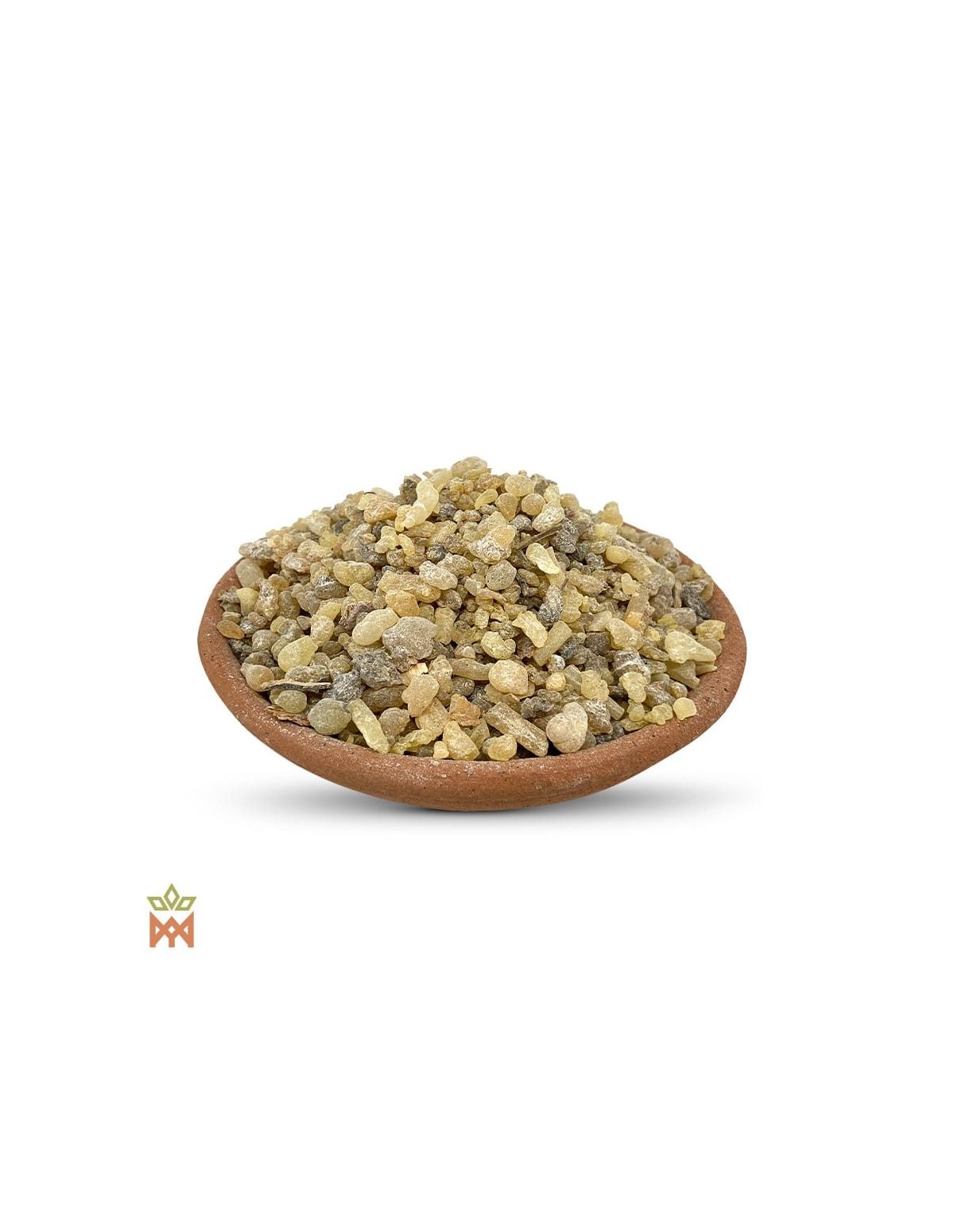 Weihrauch aus Indien – Räucherharz, Boswellia sacra – gelbliche und graue Tränen und Körner in einer Tonschale, Detail