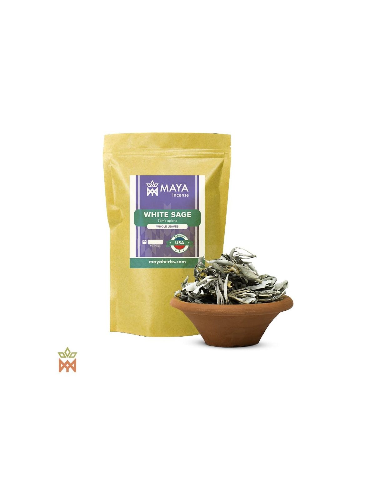 Weißer Salbei aus Oregon (Salvia apiana) – Beutel von Maya Incense und ganze Blätter in einer Tonschale