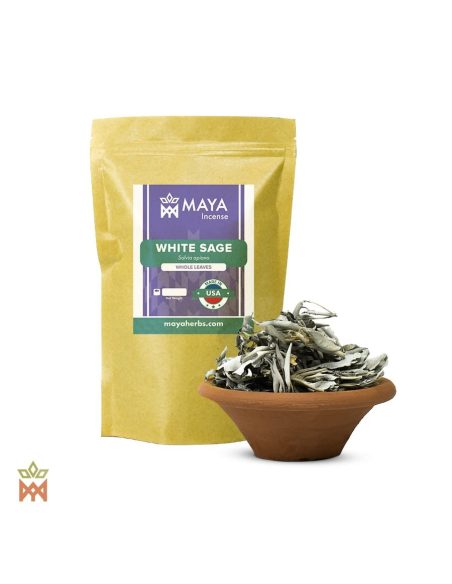 Weißer Salbei aus Oregon (Salvia apiana) – Beutel von Maya Incense und ganze Blätter in einer Tonschale