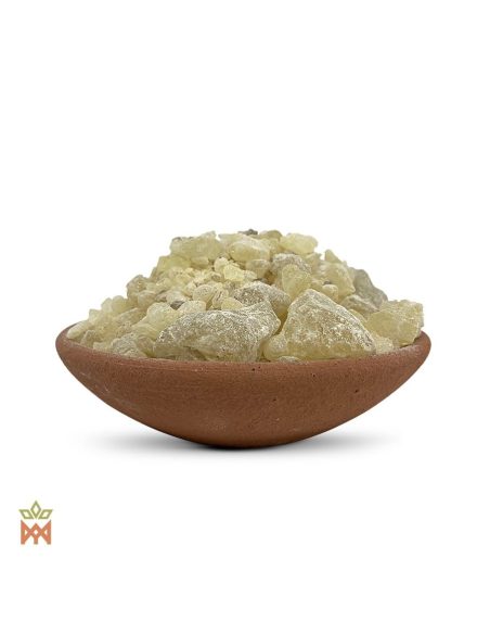 Weißer Copal aus Mexiko – Baumharz, Bursera jorullense – unregelmäßige Stücke weißen Copals in einer Tonschale, Nahansicht