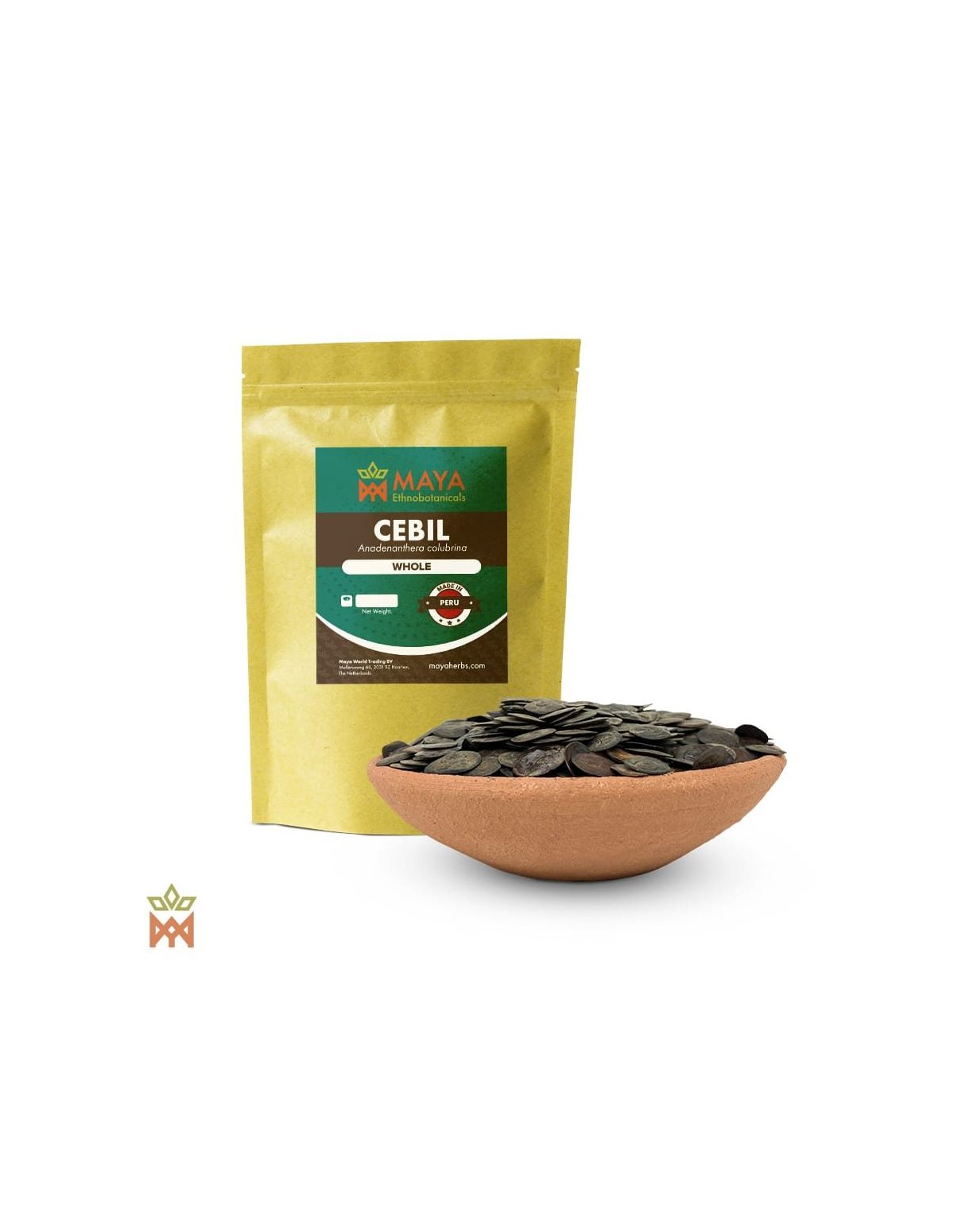Cebil aus Peru – Ganze Samen, Anadenanthera colubrina – etikettierter Beutel und Schale mit flachen, dunklen Samen