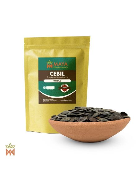 Cebil aus Peru – Ganze Samen, Anadenanthera colubrina – etikettierter Beutel und Schale mit flachen, dunklen Samen