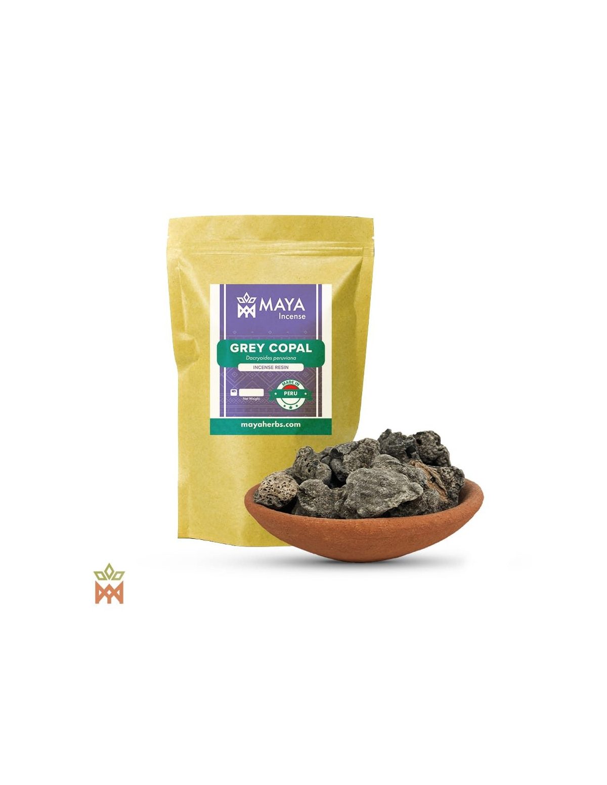 Grauer Copal aus Peru – Beutel mit Etikett Grey Copal, Made in Peru, und Tonschale mit dunklen Harzstücken