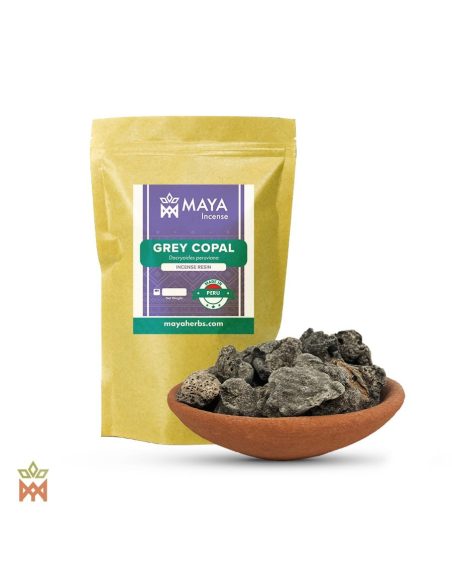 Grauer Copal aus Peru – Beutel mit Etikett Grey Copal, Made in Peru, und Tonschale mit dunklen Harzstücken