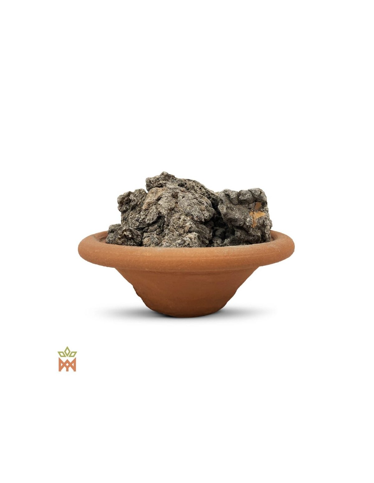 Grauer Copal aus Peru – dunkelgraue und graubraune Copal-Stücke in einer Tonschale, Seitenansicht