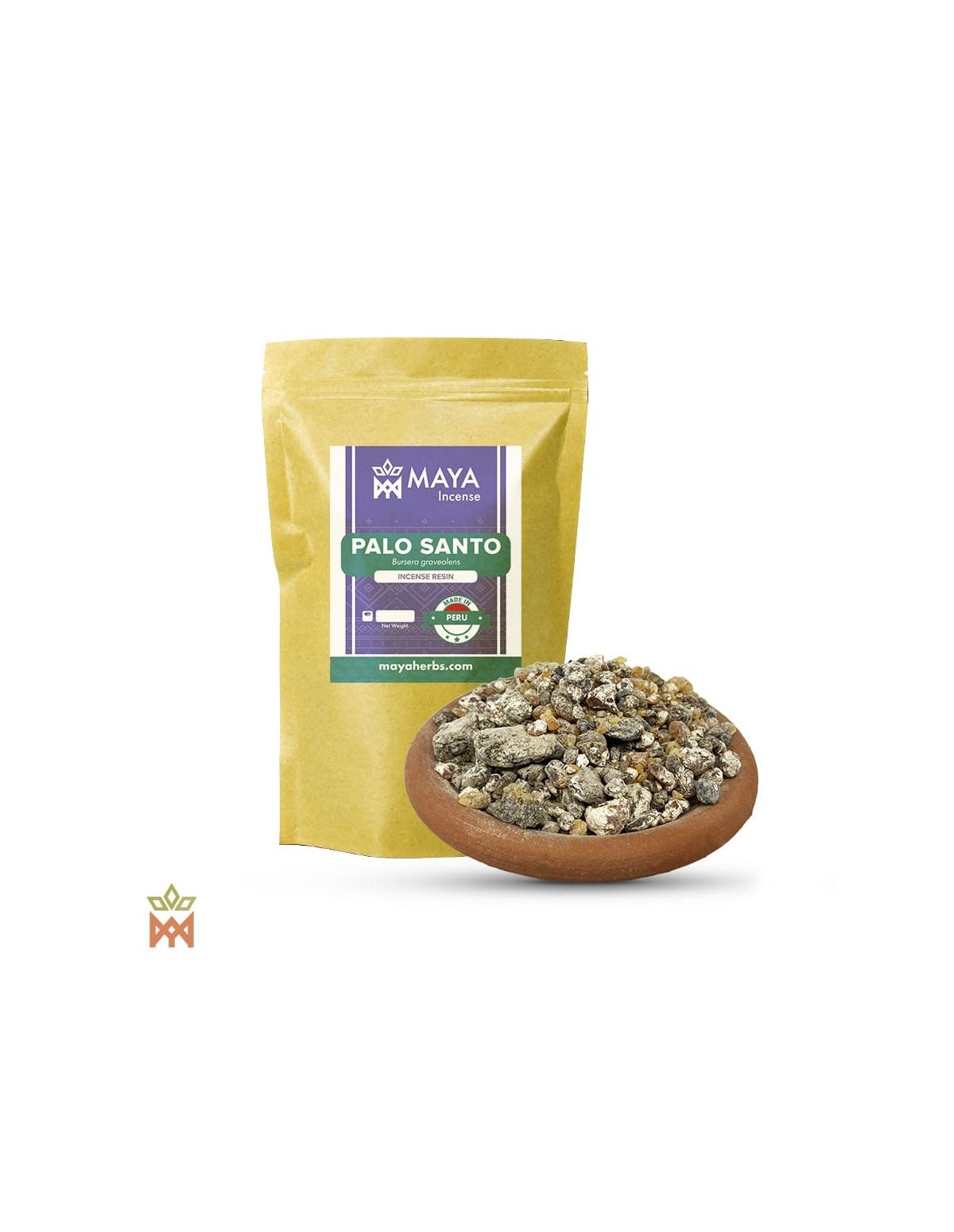 Palo Santo aus Peru – Ganzes Baumharz, Bursera graveolens – etikettierter Beutel und Tonschale mit Harz