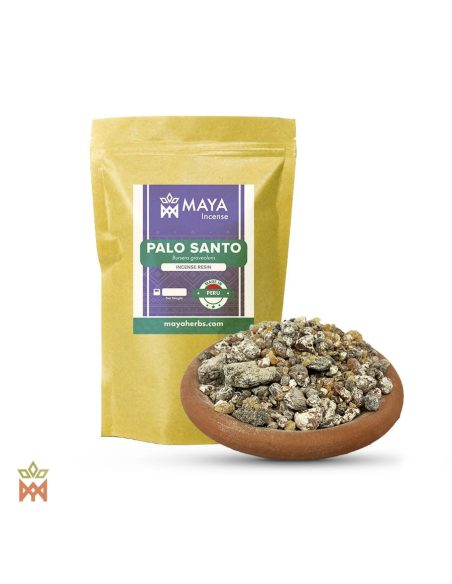 Palo Santo aus Peru – Ganzes Baumharz, Bursera graveolens – etikettierter Beutel und Tonschale mit Harz