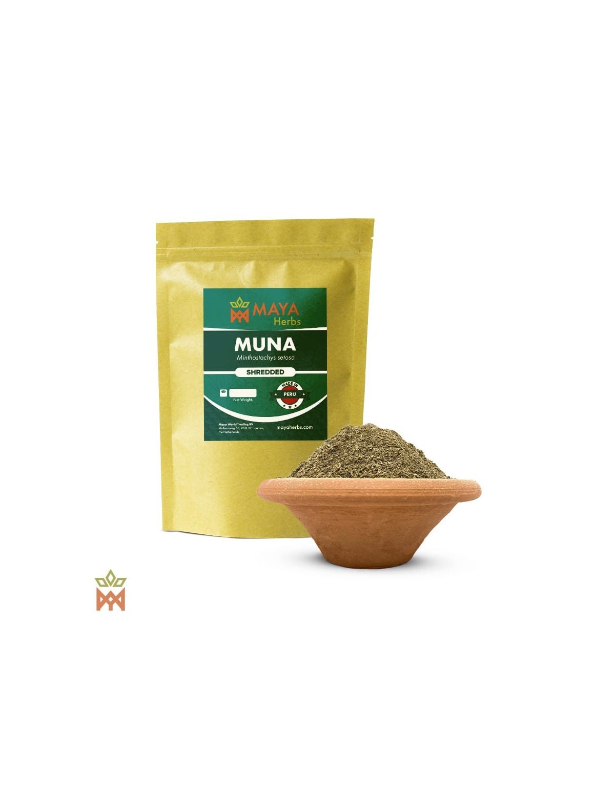 Peruanische Muña (Minthostachys setosa) – Maya-Herbs-Beutel mit Aufdruck Shredded und feines Kraut in einer Tonschale
