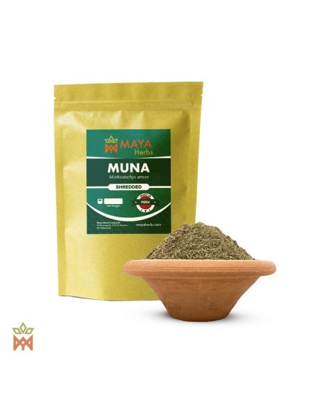 Peruanische Muña (Minthostachys setosa) – Maya-Herbs-Beutel mit Aufdruck Shredded und feines Kraut in einer Tonschale