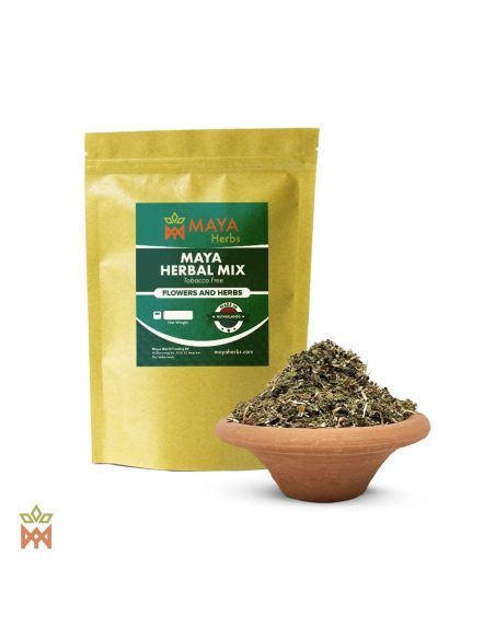 Niederländische Kräutermischung – Beutel Maya Herbal Mix, Tobacco Free, und geschnittene Kräuter in einer Tonschale