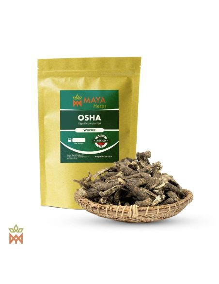 Osha aus Mexiko (Ligusticum porteri) – Maya-Herbs-Beutel und ganze getrocknete Wurzeln im Flechtkorb