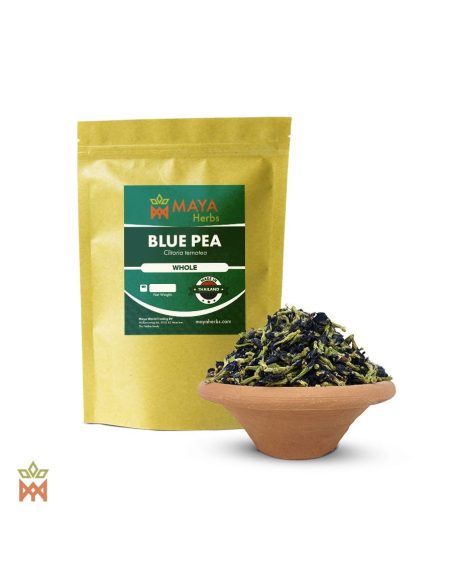 Schmetterlingserbse aus Thailand (Clitoria ternatea) – Maya-Herbs-Beutel mit Angabe Whole und ganze Blüten in einer Tonschale