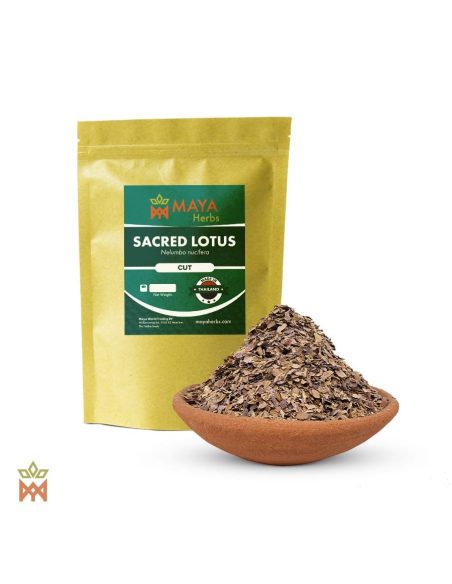 Heiliger Lotus (Nelumbo nucifera) – Beutel von Maya Herbs und geschnittene Blüten in einer Tonschale