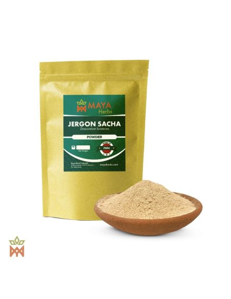 Jergon Sacha (Dracontium loretense) – Beutel von Maya Herbs und Wurzelpulver in einer Tonschale