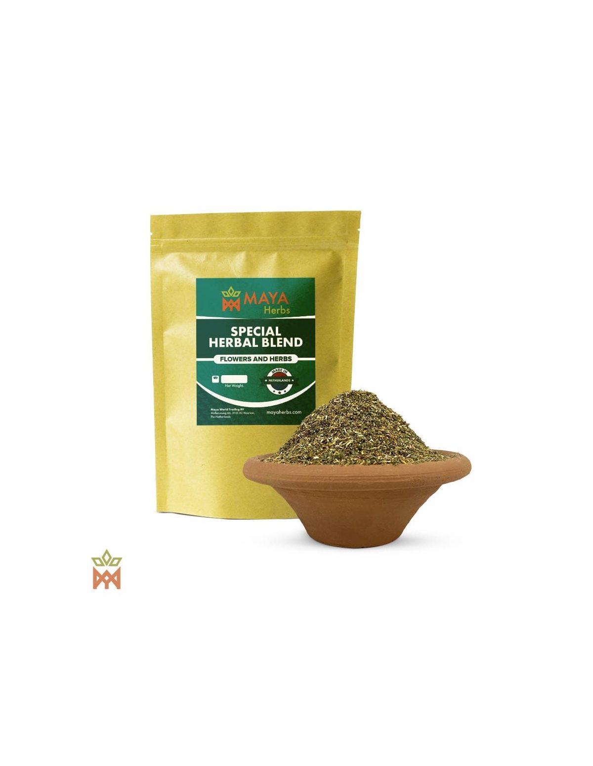 Niederländische Sechs-Pflanzen-Mischung – Maya-Herbs-Beutel Special Herbal Blend und Feinschnitt in einer Tonschale