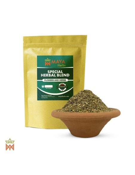 Niederländische Sechs-Pflanzen-Mischung – Maya-Herbs-Beutel Special Herbal Blend und Feinschnitt in einer Tonschale