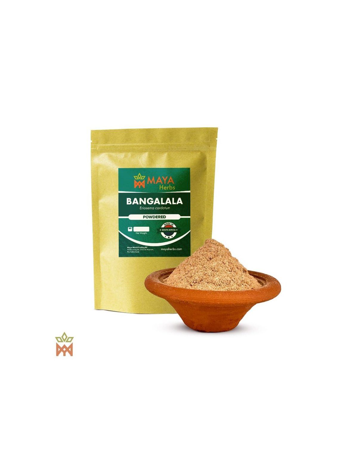 Bangalala-Wurzelpulver (Eriosema cordatum) – Maya-Herbs-Beutel mit der Angabe Powdered und hellbeiges Pulver in einer Schale