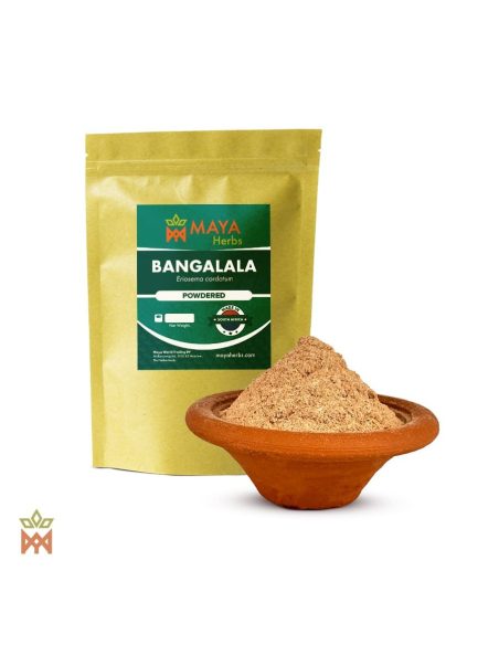 Bangalala-Wurzelpulver (Eriosema cordatum) – Maya-Herbs-Beutel mit der Angabe Powdered und hellbeiges Pulver in einer Schale