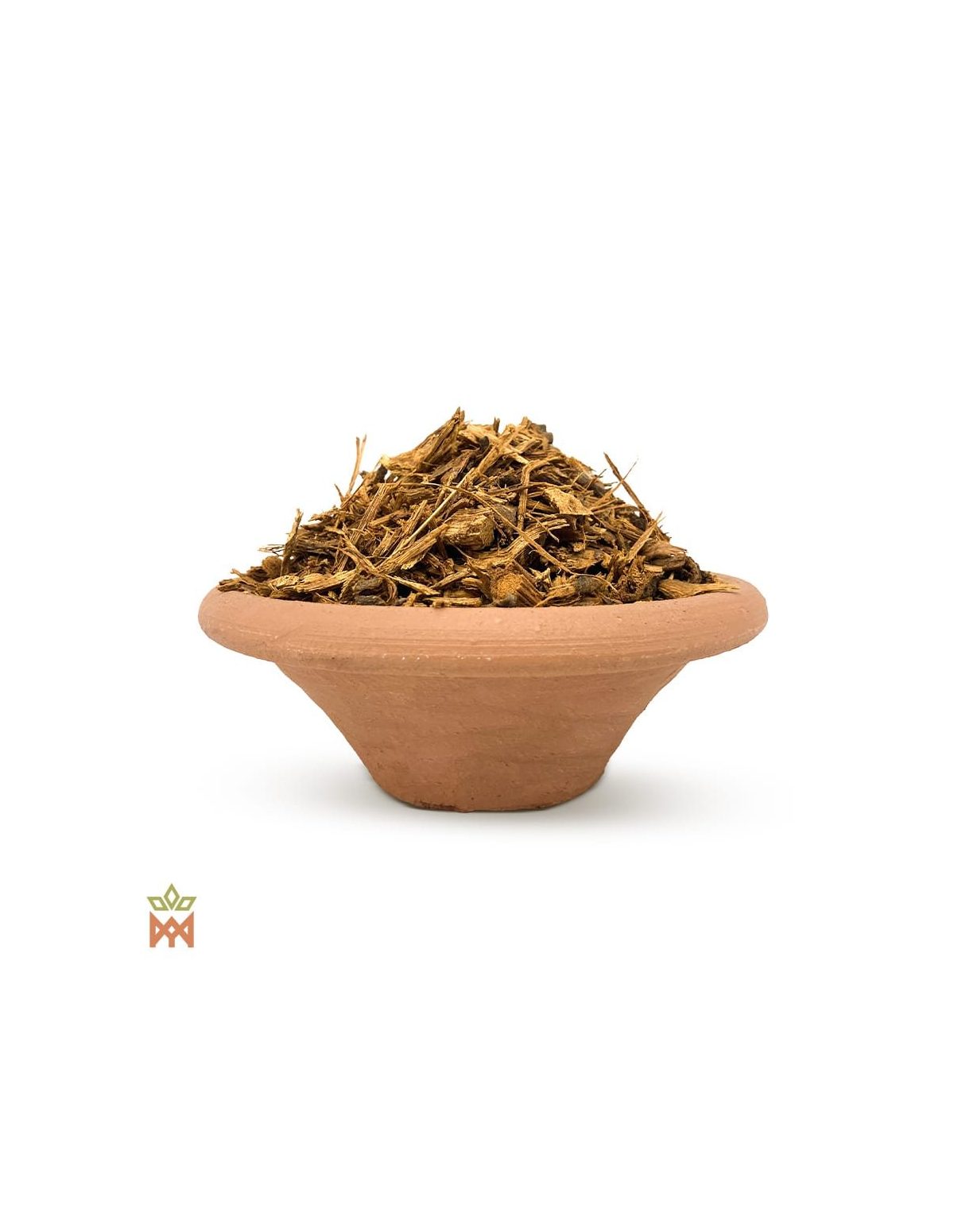 Brasilianische Caupuri-Liane – zerkleinert, Banisteriopsis caapi – zerkleinerte Liane in einer Terrakottaschale