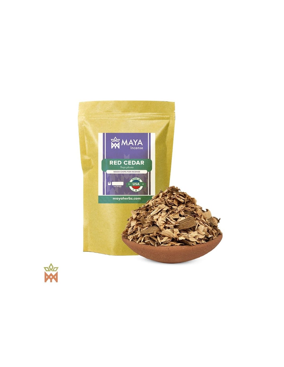 Riesen-Lebensbaum-Holzchips (Thuja plicata) – Maya-Incense-Beutel Red Cedar und Holzchips in einer Tonschale