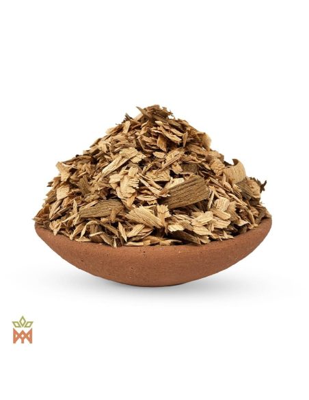 Riesen-Lebensbaum-Holzchips (Thuja plicata) – hellbeige bis braune Holzspäne und Splitter in einer Tonschale